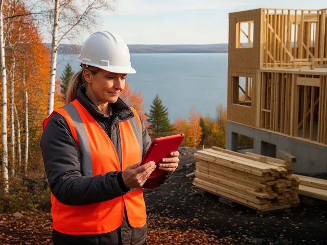 Builder in a white hard hat and orange vest checking a red tablet beside new wood framing above a lake