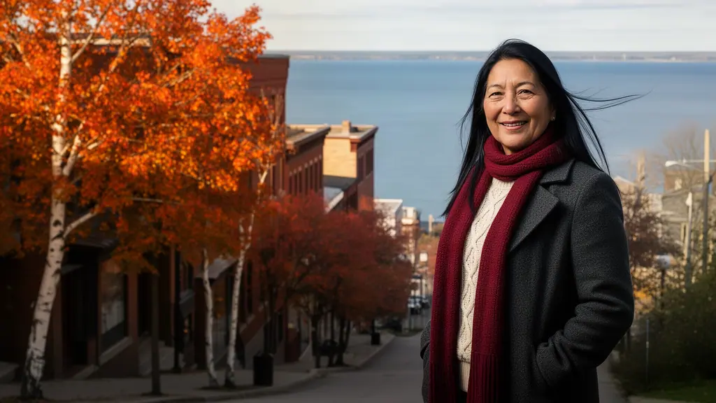 Smiling woman with long black hair in a dark coat and red scarf on a hillside street above a vast lake