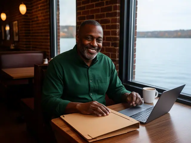 Smiling man in a green shirt at a restaurant table with a folder and laptop by a lakeside window