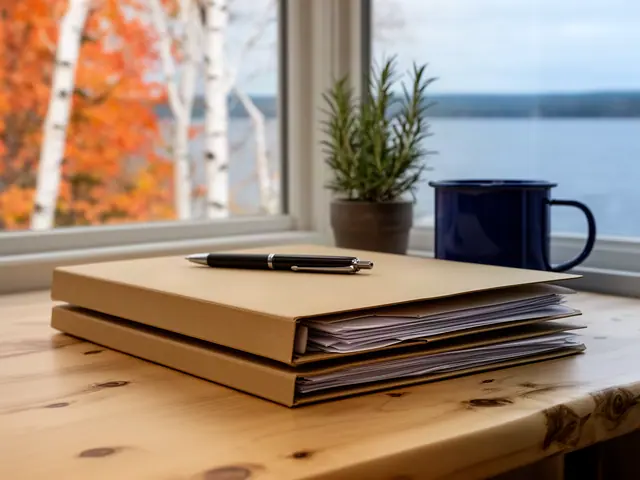 Two kraft folders with a pen on a knotty pine desk, navy enamel mug, rosemary, birches and lake outside