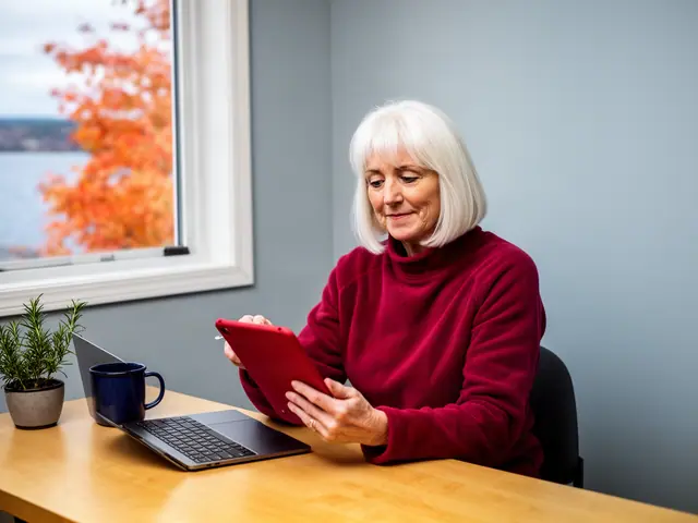 White-haired woman in a burgundy fleece reviewing a red tablet at a desk by a window of orange maples and lake