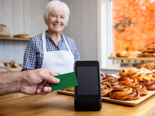 Customer's hand holding a blank green card to a black payment terminal; smiling baker behind braided cinnamon breads