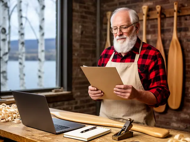White-bearded canoe-paddle maker in buffalo-check flannel reviewing a kraft folder beside a laptop and unfinished paddle